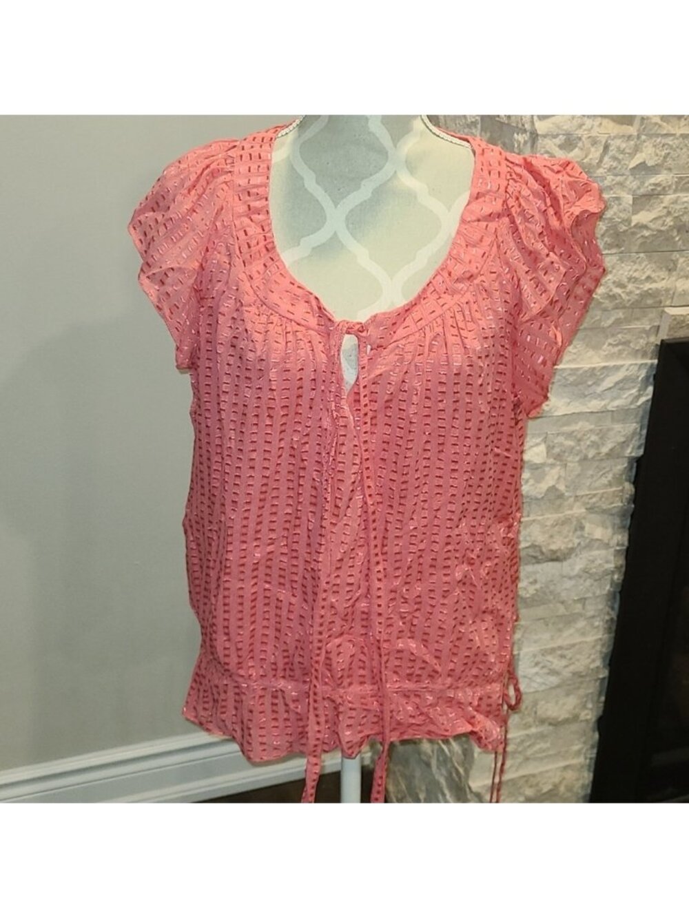 Milly of New York Silk Blend short sleeve button up Blouse with tie